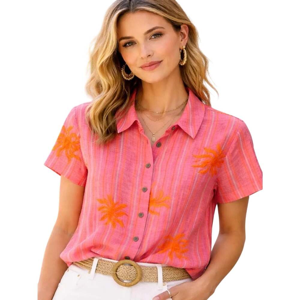 Cabi Cottage Top Womens Medium Pink Sunny Stripes Sun Graphic Button Shirt 6721